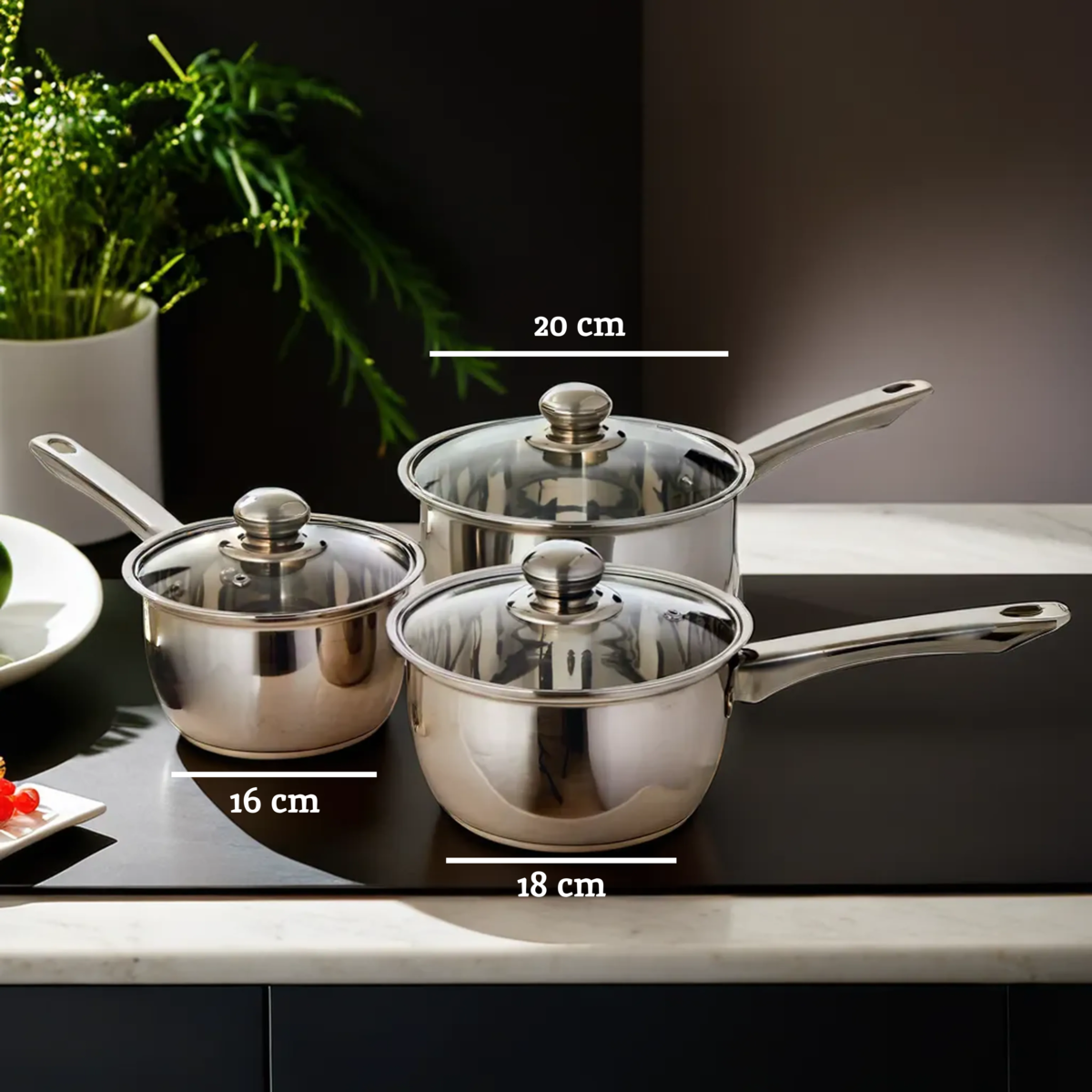 Crosse Set of 3 Mirrored Stainless Steel Saucepans with Glass Lids