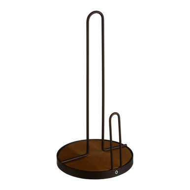 Brown paper towel holder with black metal stand on a white background