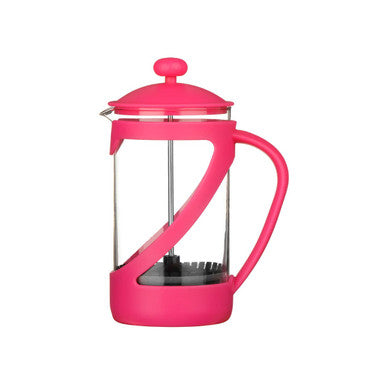 Pink French press coffee maker on a white background