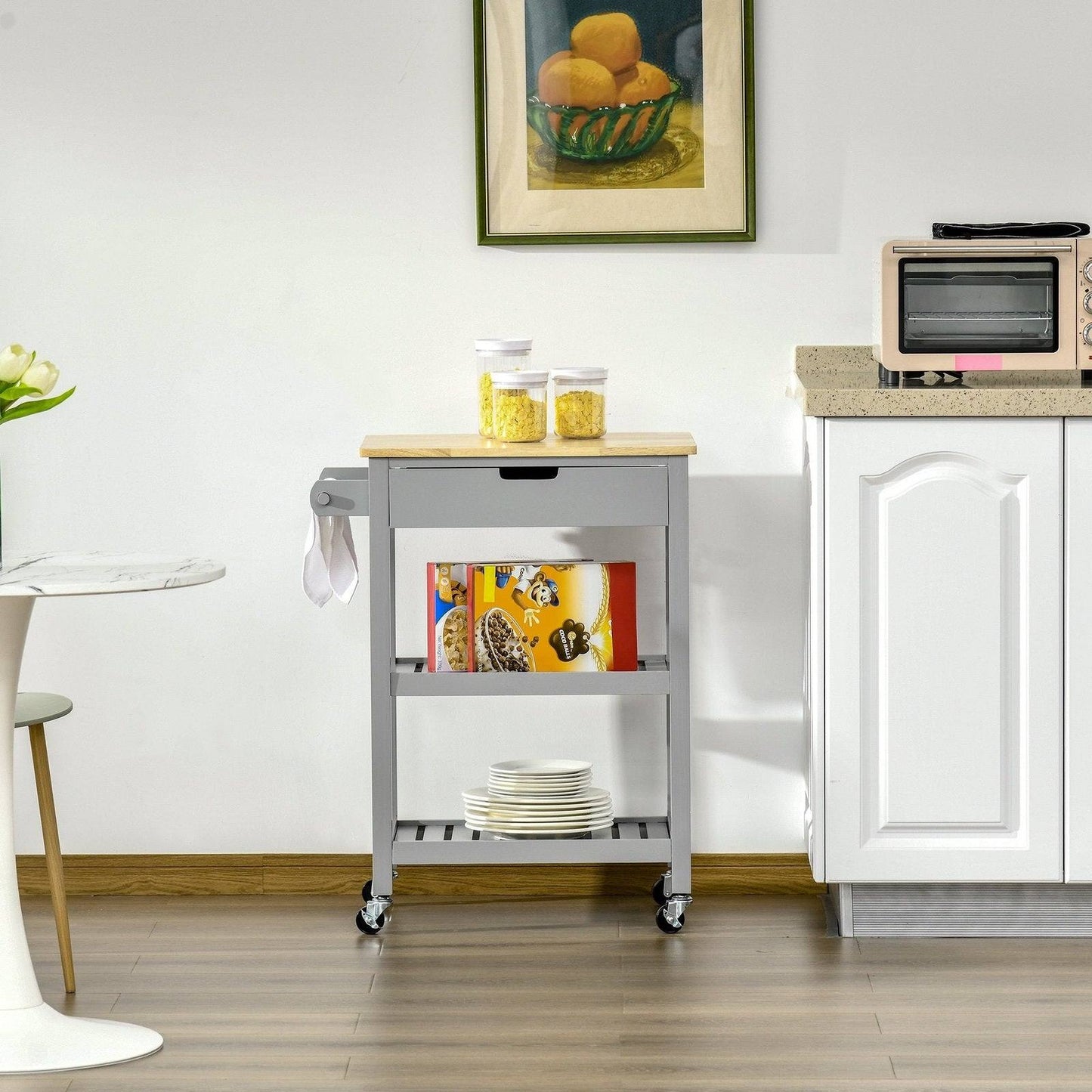 🍽️ Premium Kitchen Trolley Cart - Rubberwood Worktop & Wheels 🛒