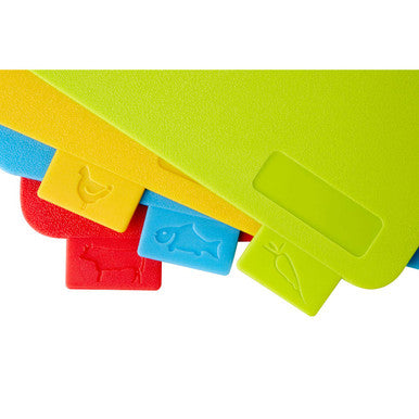 Dahra Set of 4 Multicoloured Chopping Boards with Wood Stand