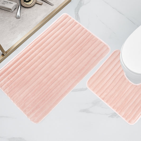 2 Piece Ribbed Bath Mat Set in Pink Extra Soft Non Slip Super Absorbent Bathroom & Toilet Mats Easy Care Rug by OLIVIA ROCCO