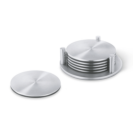 Zack Regio Brushed Stainless Steel Coaster Set with Stand - 6 Piece