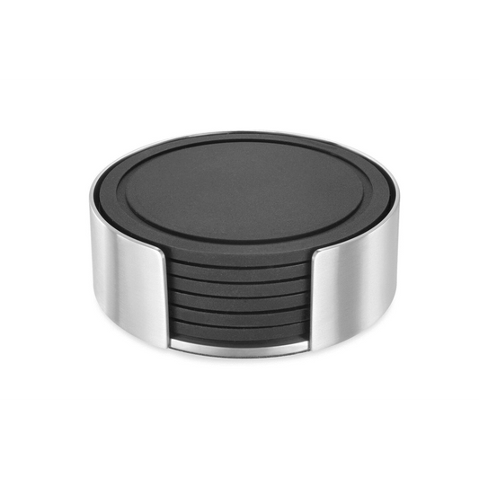 Zack Vetro Silicone Coaster Set with Brushed Steel Stand - 6 Piece
