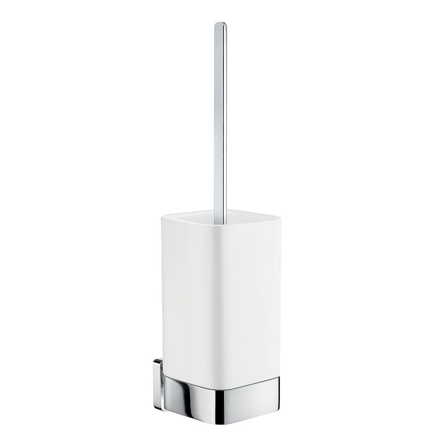 Bathroom toilet brush with white holder and silver handle on a white background