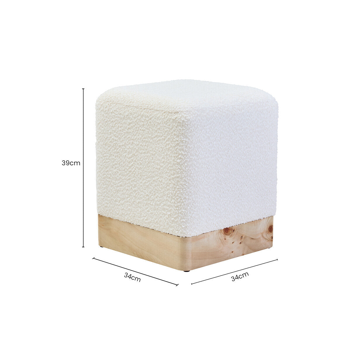 Mota Cream Boucle and Burl Wood Square Stool, 34 cm