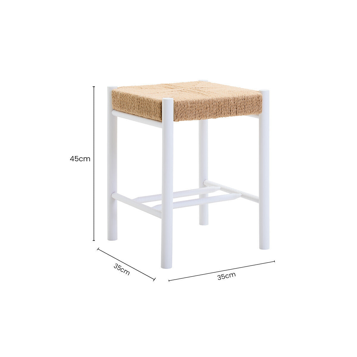 Bandar Natural Rope Woven Stool with White Wooden Legs, 45 cm