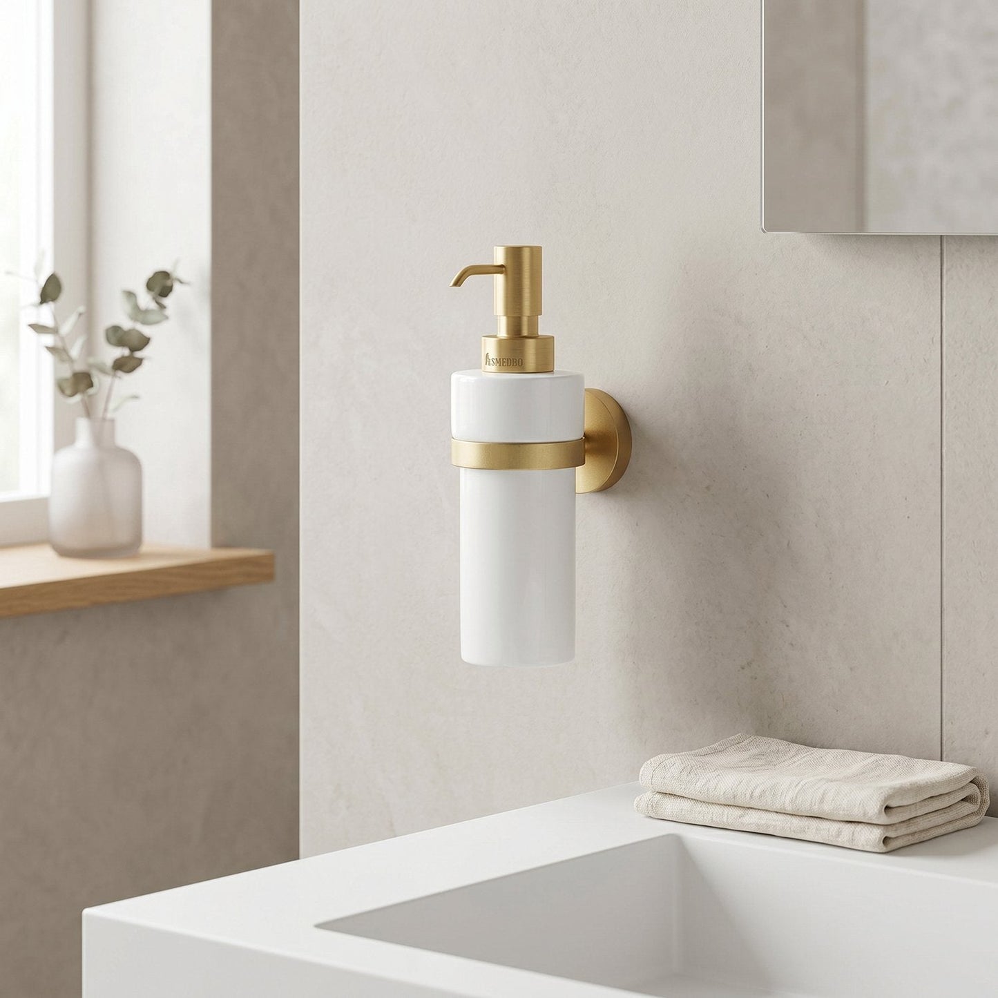 Bathroom setting with a wall-mounted soap dispenser and a sink.