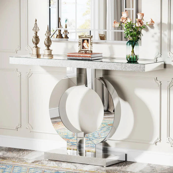 110cm Mirrored Console Table | Modern Silver Sofa Table with O-Shaped Base