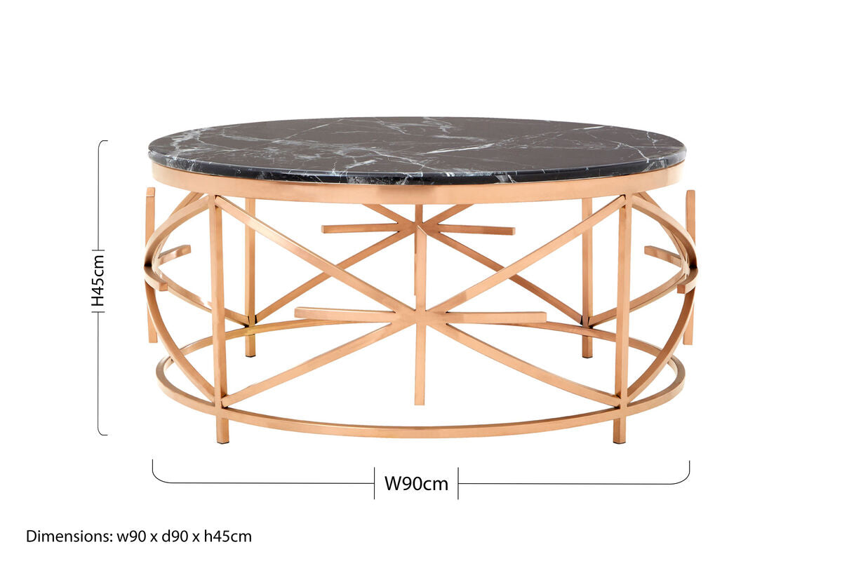Alvaro black marble round coffee table with rose gold finish frame, additional view