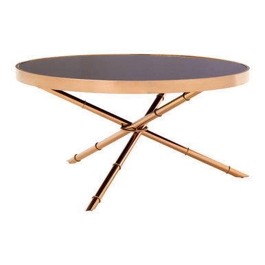 Round coffee table with black top and rose gold base on a white background
