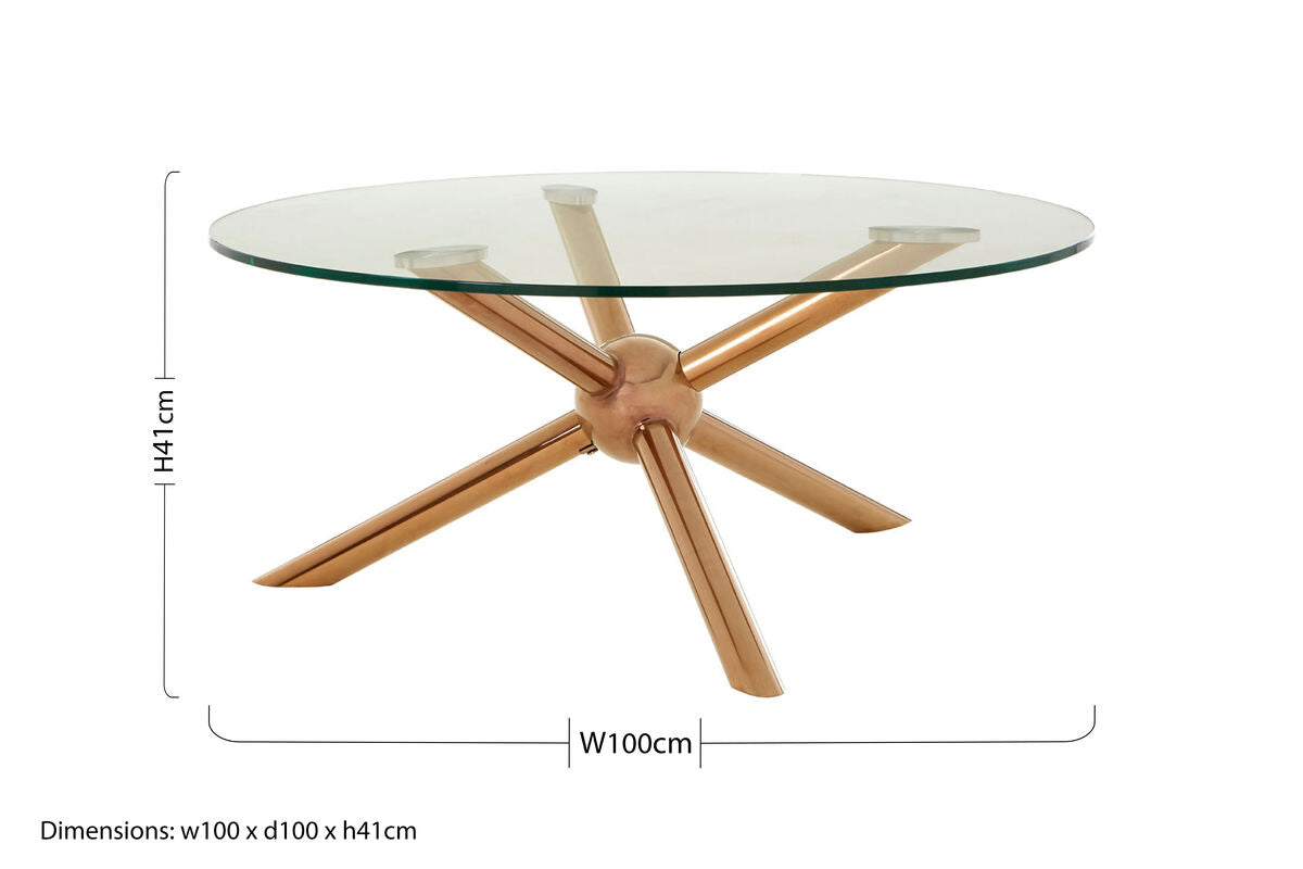 Glass table with bronze star-shaped base and dimensions on a white background