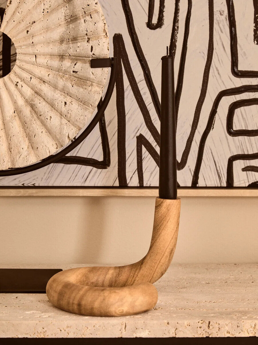 Tibor Ridged Travertine Disc Sculpture with Black Metal Base