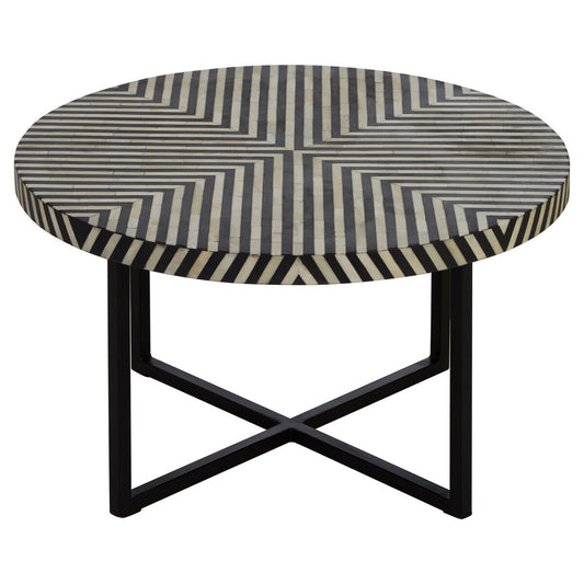 Boho bone inlay metal cross base coffee table, front view