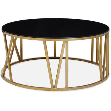 Alana black glass round coffee table, side angle