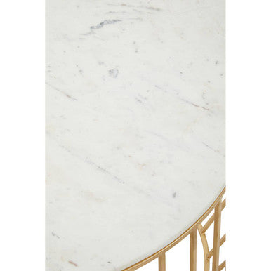 Pali white marble and gold round coffee table, close up view 3