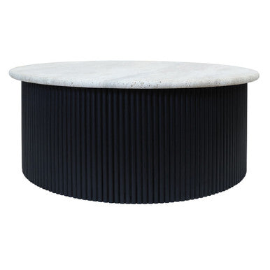 Walton cream travertine coffee table, side angle