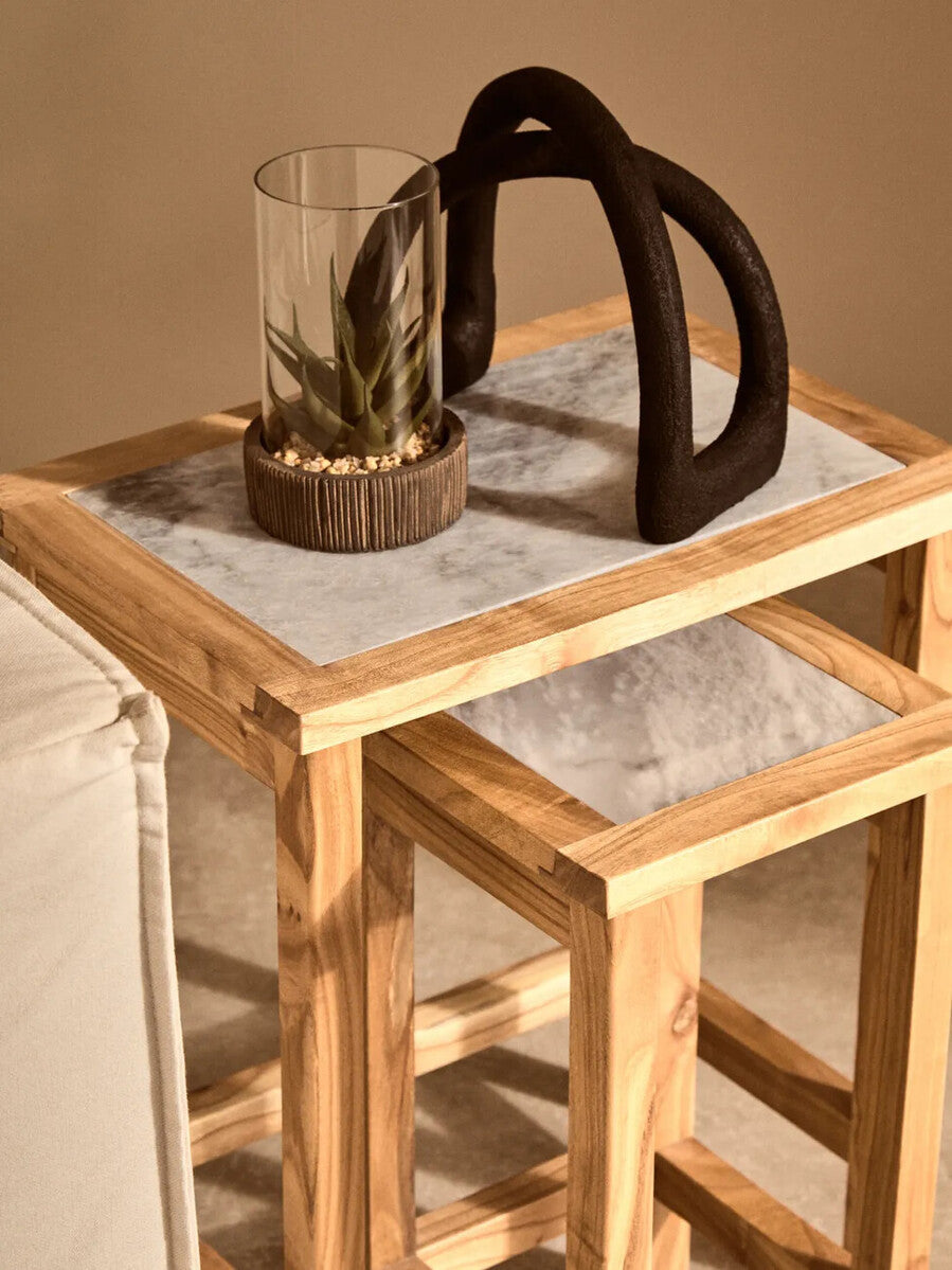 Womad White Marble and Wood Small Nesting Side Tables, Set of 2