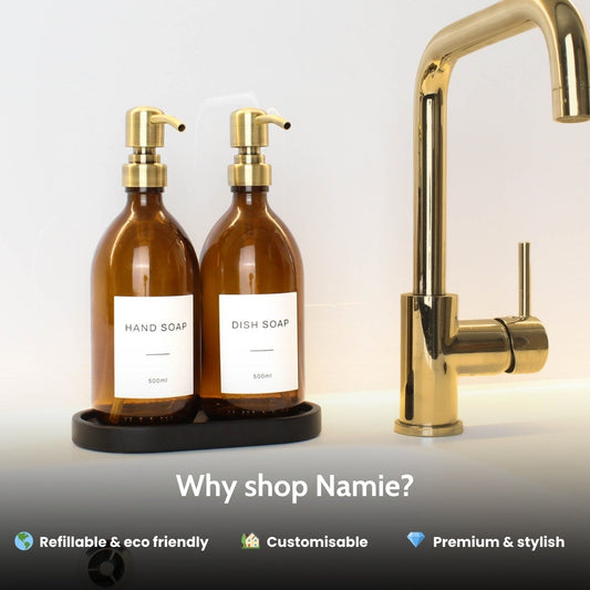 Namie Amber Glass Soap Dispenser Double Set with Black Concrete Tray