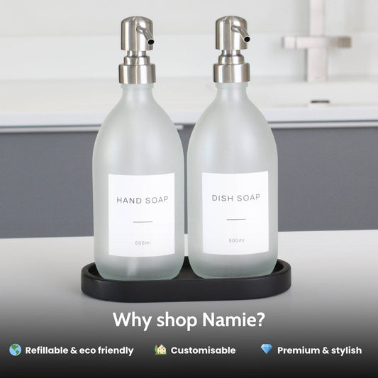 Frosted White Glass Soap Dispenser Set with Black Concrete Tray