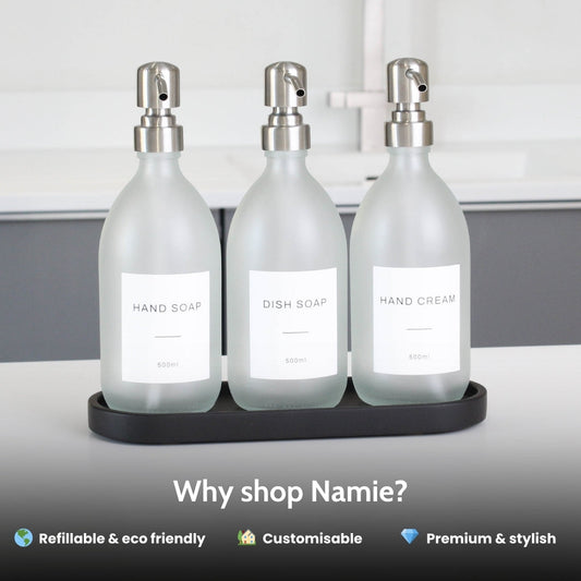Namie Black Tray & Frosted White Dispenser Triple Set