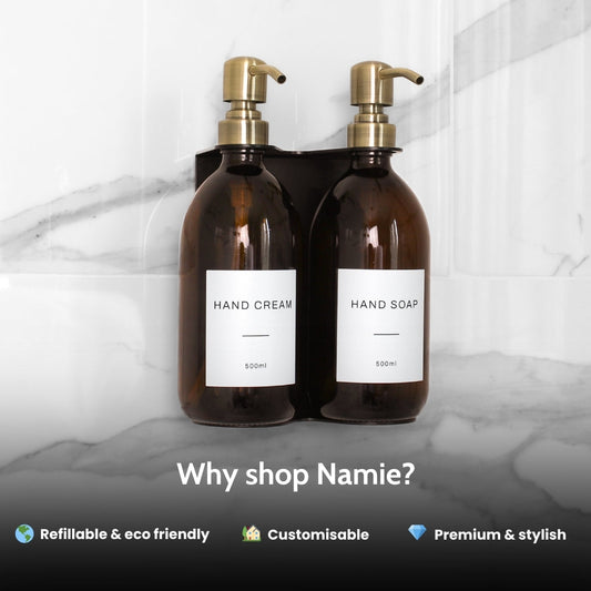 Namie Black Wall Bracket & Amber Glass Dispenser Set