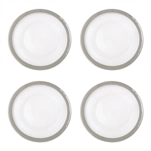 Clear glass charger plates stacked showing the embossed spiral texture