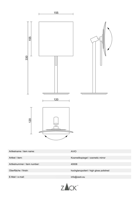 Zack Avio Square Cosmetic Mirror | 5x Magnification Premium Stainless Steel