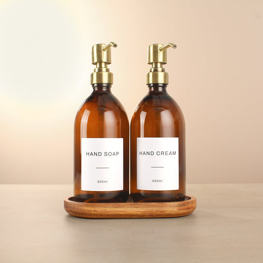 Namie Amber Glass Soap Dispenser Double Set with Acacia Wood Tray