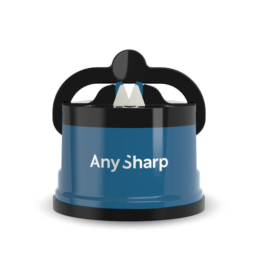Blue sharpener with black handle on a white background, featuring 'Any Sharp' branding.