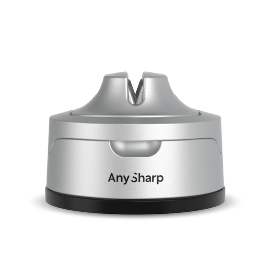 Silver knife sharpener with 'Any Sharp' branding on a white background
