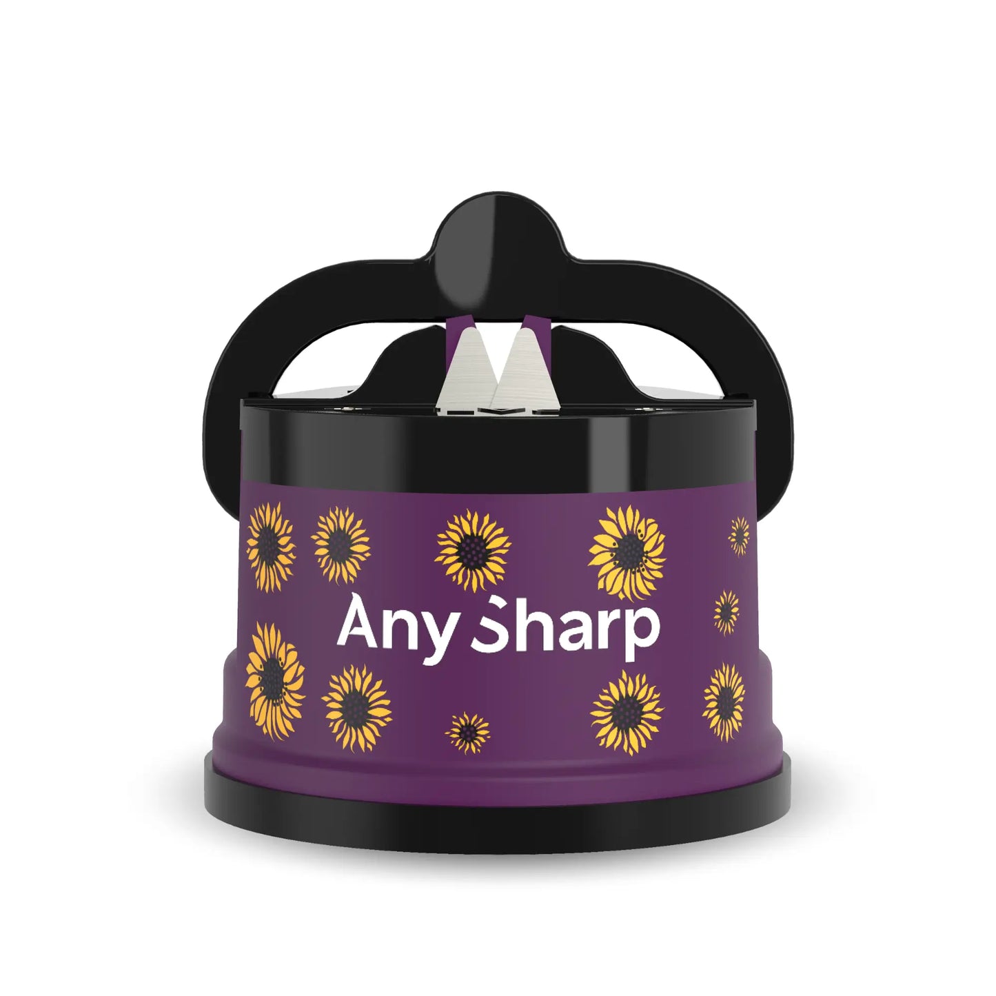 Black and purple Any Sharp knife sharpener with sunflower design on a white background