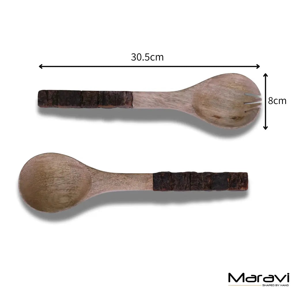 Bhimra Wooden Salad Servers with Bark Handles