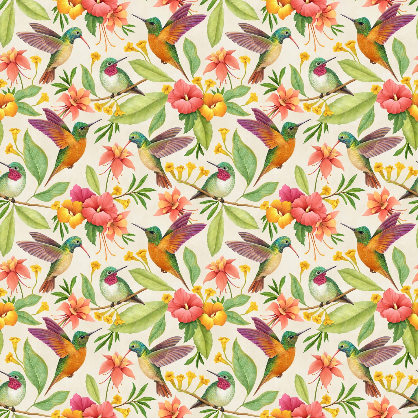 Pattern of colorful hummingbirds and flowers on a light background
