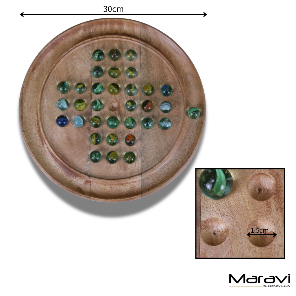 Dinod Large Mango Wood Solitaire Board Game 30 cm with Glass Marbles