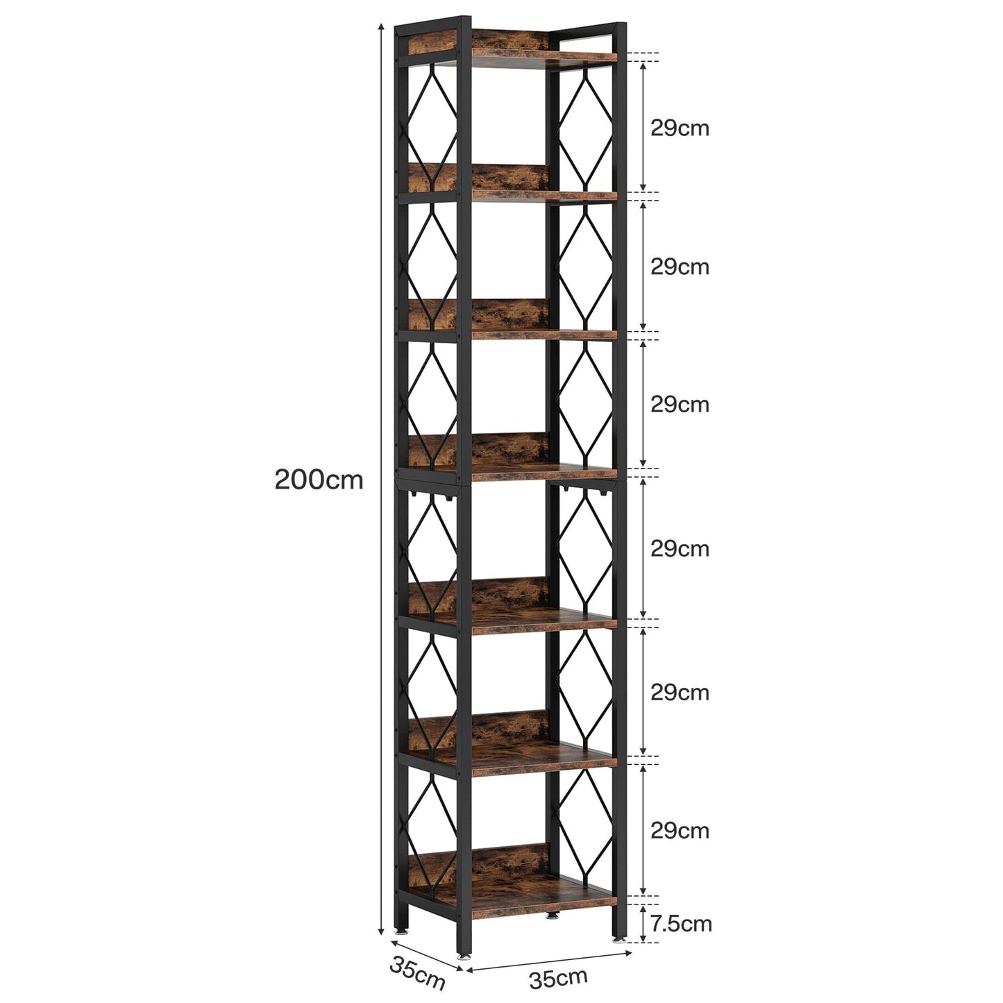 200cm Slim 6-Tier Industrial Bookshelf - Rustic Wood & Black Metal Display Tower