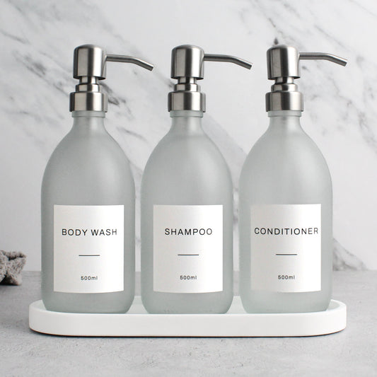 Namie Frosted White Glass Soap Dispenser Triple Set with White Concrete Tray