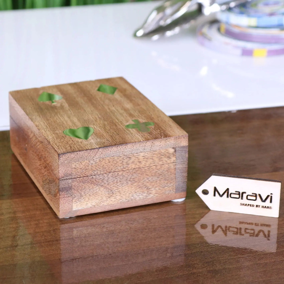 Mahe Mango Wood Playing Card Box with Brass Suit Inlay and Cards