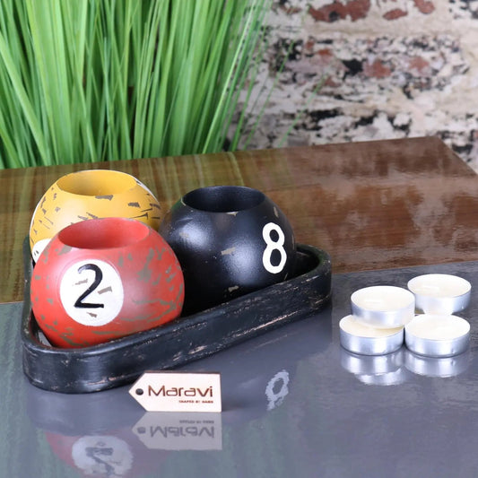 Ingali Pool 8 Ball Tealight Holders, Set of 3 with Tray