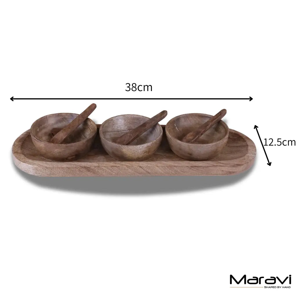 Karuna Mango Wood Serving Bowl Set of 3 with Spoons and Tray