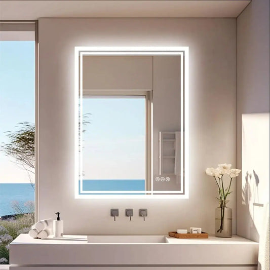 Rectangular Illuminated LED Bathroom Mirror – Wall-Mounted Anti-Fog Vanity Makeup Mirror with 3 Colour Touch Light