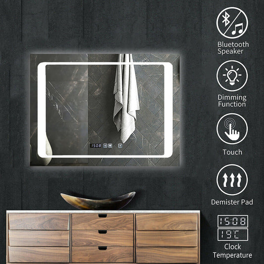 800 x 600mm LED Bathroom Mirror with Bluetooth Speaker – Dimmable CCT Colour Changing Lights and Touch Switch