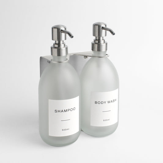 Namie Silver Wall Mounted Dispenser Bracket Set with Frosted White Glass Bottles