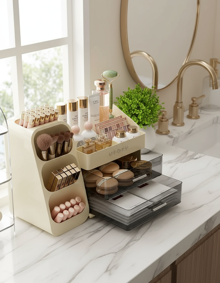 Dustproof Bathroom Makeup Storage Box - Modern Elegance Multi-Layer Organiser