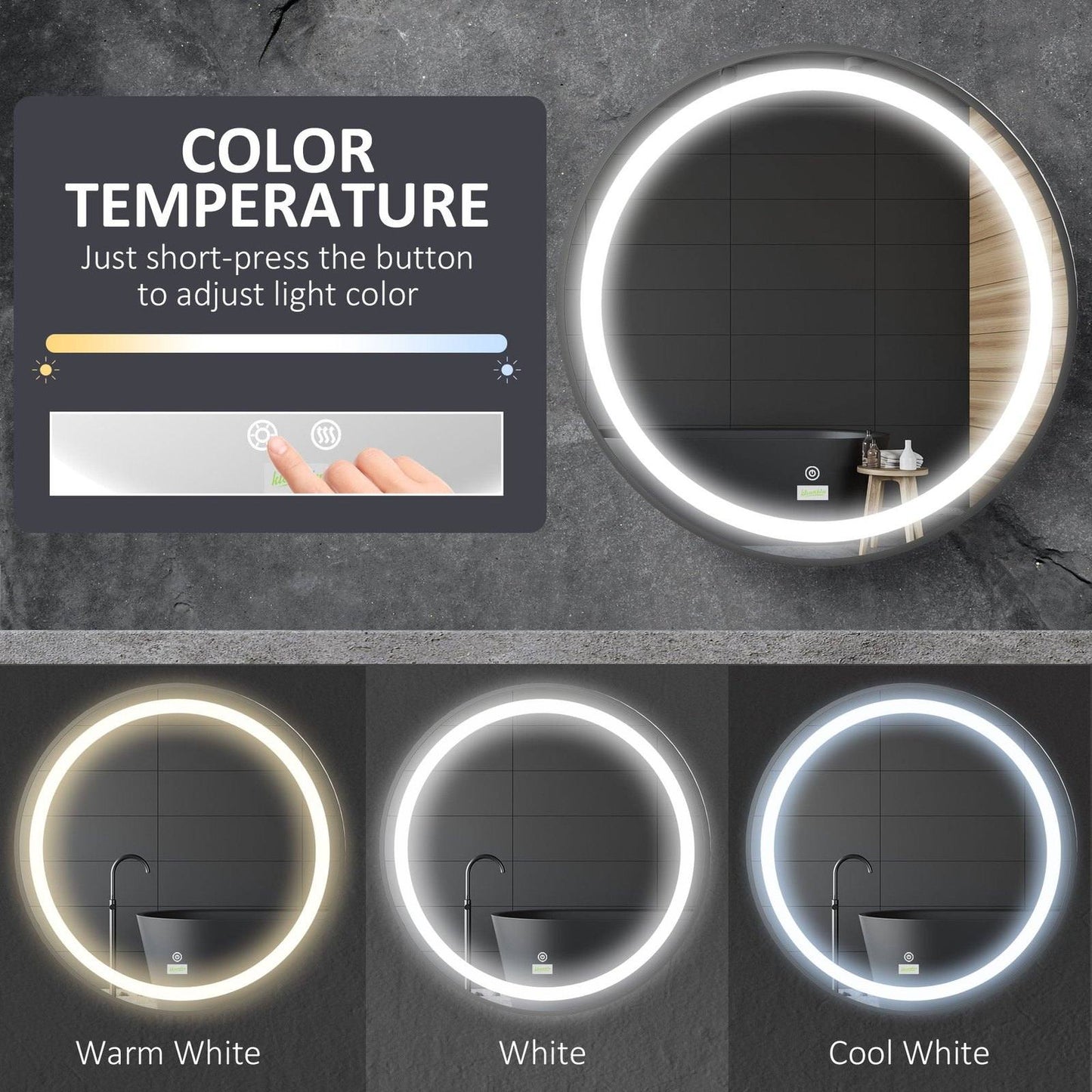 🪞 Kleankin Round LED Bathroom Mirror ✨ Illuminated Wall Mount with Smart Lighting