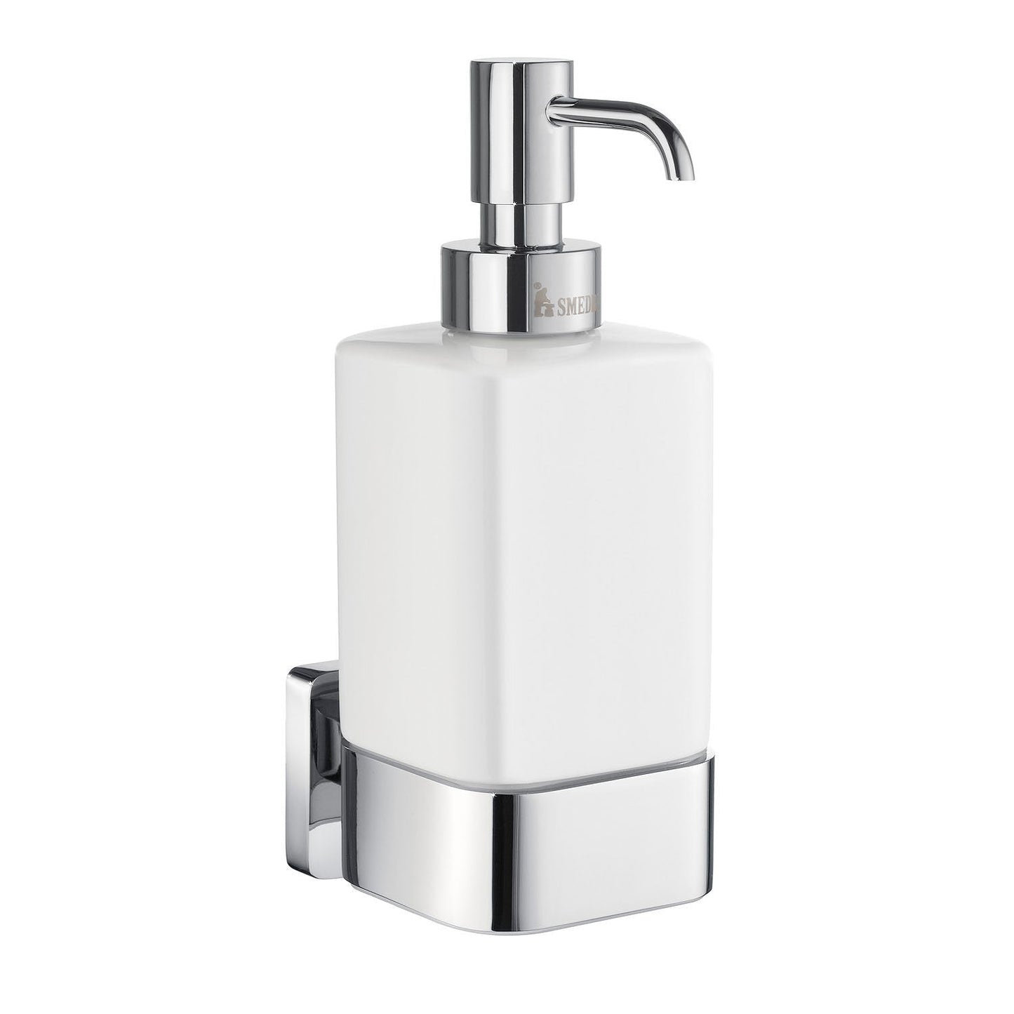 Wall-mounted soap dispenser with white container and chrome pump on a white background