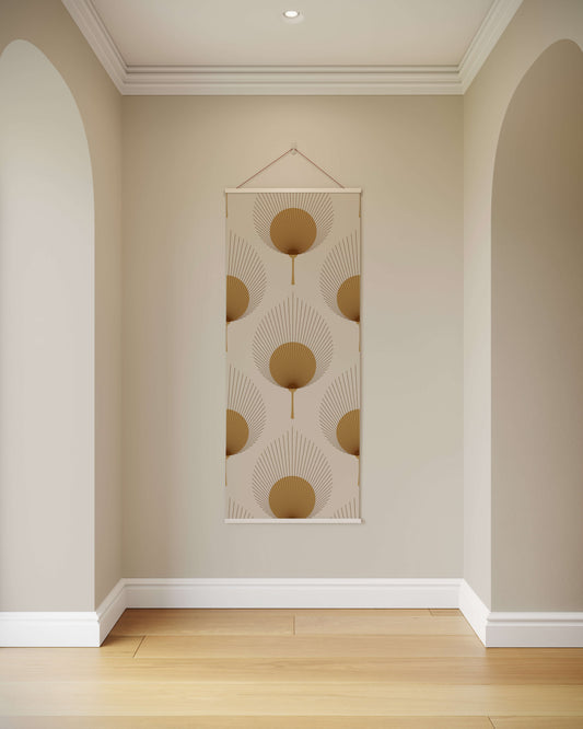 Decorative wall art with geometric pattern on a beige wall