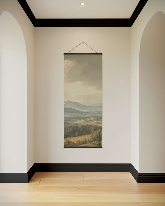 Wall art hanging in a room with arched doorways and a neutral colour scheme.