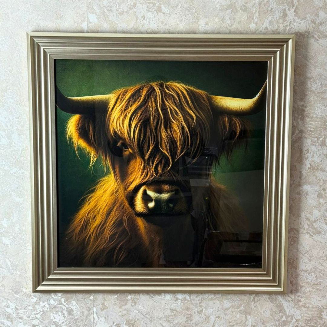 Pagazzi Highland Cow Wall Art with Champagne Frame 70 x 70 cm