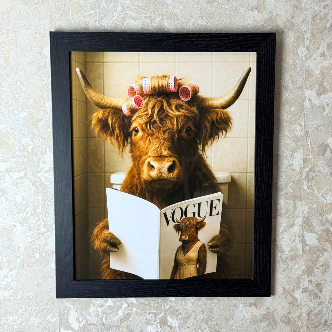 Pagazzi Lavatory Highland Cow Wall Art with Black Frame 50 x 40 cm